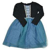 Čierno-modro-modrozelené bavlněno/tylové šaty s tištěným šnurovaním Tu