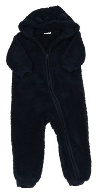 Tmavomodrá huňatá kombinéza s kapucňou s uškami Kuniboo