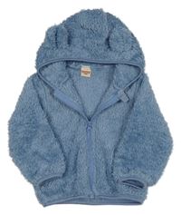 Modrá huňatá bunda s kapucňou s uškami