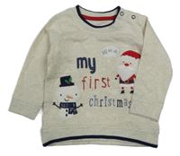 Svetlosivá melírovaná slabá vianočná mikina so Santou a sněhuláčkem George