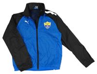 Cobaltovoě modro-čierna kockovaná šušťáková futbalová bunda so znakom a ukrývací kapucňou PUMA
