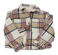 Bílo-starofialovo-hnědo-černá kostkovaná vlněná podšitá košilová bunda F&F