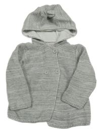 Šedo-bílý melírovaný propínací svetr s kapucí s oušky PRIMARK