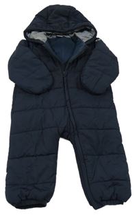 Tmavomodrá prošívaná šusťáková zimní kombinéza s nášivkou a kapucí PETIT BATEAU