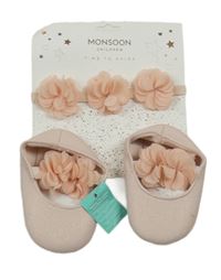 Nové - 2Set - Světlerůžové třpytivé capčáčky s 3D květy + čelenka Monsoon vel. 16-18