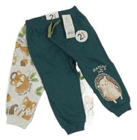 Nové - 2x - Tepláky - Šalvějové s ježečkem, světlešedé melírované s liškami a ježečky so cute