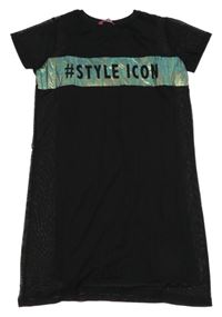 Čierno-metalické sieťované šaty s nápisom YD