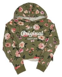 Khaki crop mikina s nápismi a kvietkami a motýlikmi a kapucňou H&M