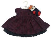 Nové - 2set - Vínovo-černé kostkované šaty s volánky + tmavomodré punčocháče M&S