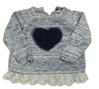 Bielo-čierny melírovaný sveter so srdcem a čipkou zn. George