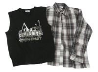 2set - Tmavomodro-bílo-červená kostkovaná košile + antracitová svetrová vesta s potiskem Pocopiano