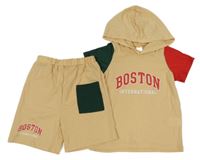 2set - Hnědo-červeno-tmavozelené tričko s nápisem a kapucí + kraťasy