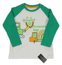 Nové - Bílo-zelené triko s bagrem a náklaďákem s dinosaury Dunnes