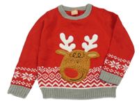 Červeno-šedý vzorovaný svetr se sobem 