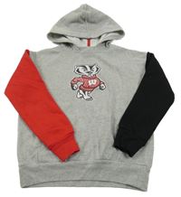 Sivo-červeno-čierna mikina s potlačou a kapucňou