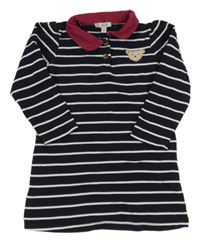 Tmavomdoro-biele pruhované teplákové šaty s medvěďom a golierikom