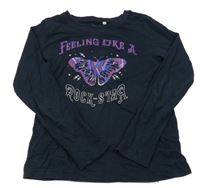 Tmavomodré tričko s nápisom a motýlkom Name it