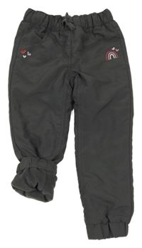 Tmavošedé šusťákové zateplené kalhoty s výšivkou duhy Topolino