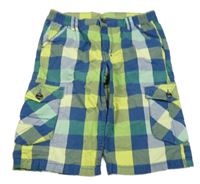 Zeleno-modré kostkované plátěné kraťasy s kapsami C&A