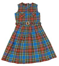 Modro-farebné kockované úpletové šaty s opaskom