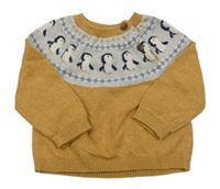 Okrovo-sivý ľahký vlnený sveter s tučňáky M&S