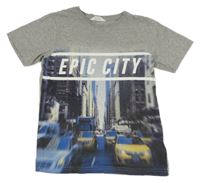 Sivé melírované tričko s autami a nápisom H&M