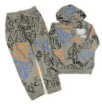 2set - Šedo-černo-oranžovo-modrá mikina s nápisy a kapucí + tepláky - Nerf Tu