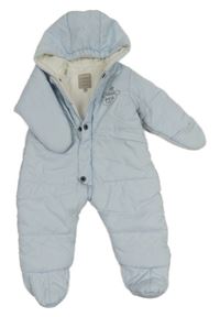 Světlemodrá šusťáková zimní kombinéza s medvídkem a kapucí 