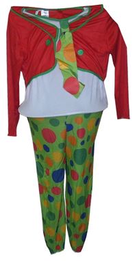 Kockovaným - Červeno-bielo-zelený overal s bodkovaná ými nohavice a kravatou - klaun