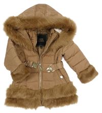 Hnedý šušťákový zateplený kabát s kapucňou a kožešinovými prvky a opaskom River Island