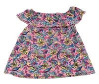 Neónově ružovo-modro-zelený top s listami a volánikom Y.F.K.