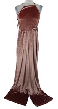 Dámský růžový sametový lesklý společenský kalhotový overal s volnými zády