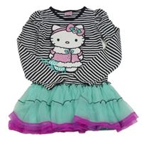 Černo-bílo-pomněnkové pruhované bavlněno/tylové šaty s Hello Kitty Sanrio