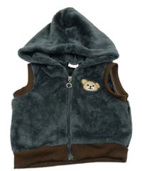 Tmavošedo-hnedá chlpatá prepínaci vesta s medvěďom a kapucňou