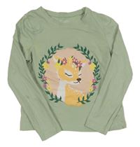 Mintové tričko so srnkou a kvetinami Primark