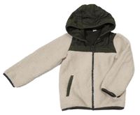 Béžovo-khaki huňato/šusťáková podšitá bunda s kapucňou