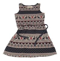 Béžovo-tmavomodro-červené úpletové šaty so sobmi a norským vzorom a opaskom New Look