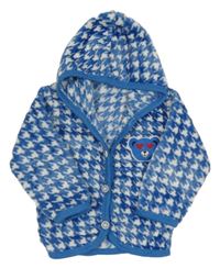 Modro-biely vzorovaný prepínaci chlpatý sveter s kapucňou