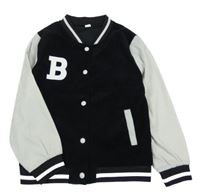 Černo-bílá sametová propínací baseballová mikina s písmenkem