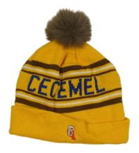 Žlutá pletená čepice s nápisy a proužky