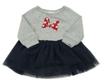 Šedo-tmavomodré teplákovo/tylové šaty s mašlí GAP