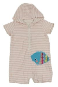 Světlerůžovo-bílý pruhovaný froté kraťasový overal s rybou a kapucí Tu