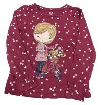 Tmavorůžové triko s holčičkou a kytičkami C&A