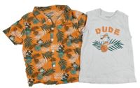 2set - Oranžová košile s medvídky + bílé tílko Nazar