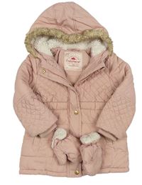 Svetloružový prešívaný šušťákový zimný kabát s kapucňou s kožešinou + rukavice George