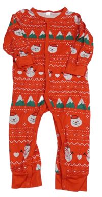 Červený vzorovaný vánoční overal se Santy a stromečky a sněhuláčky 