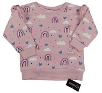 Nové - svetloružová bodkovaná á mikina s duhami a obláčikmi  a srdiečkami a volánikmi St. Bernard