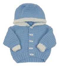 Modro-biely rebrovaný pletený prepínaci sveter s kapucňou