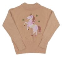 Pudrový chlpatý sveter s jednorožcom a srdíčky z flitrů