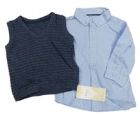 Nové - 2Set - Modro-biela kockovaná košile + tmavomodrá melírovaná rebrovaná pletená vesta M&S
